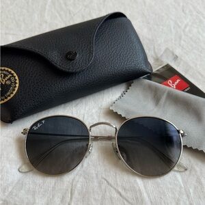 Ray-Ban RB3447-N Round Metal Polarized Sunglasses - Blue Gradient Lens - Silver